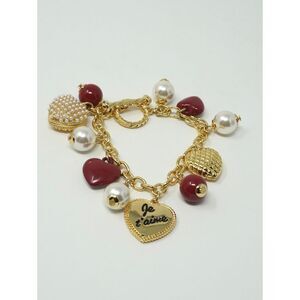 Talbots Je T'aime Charm Bracelet Gold Tone Red & Gold Hearts Pearls Toggle Clasp